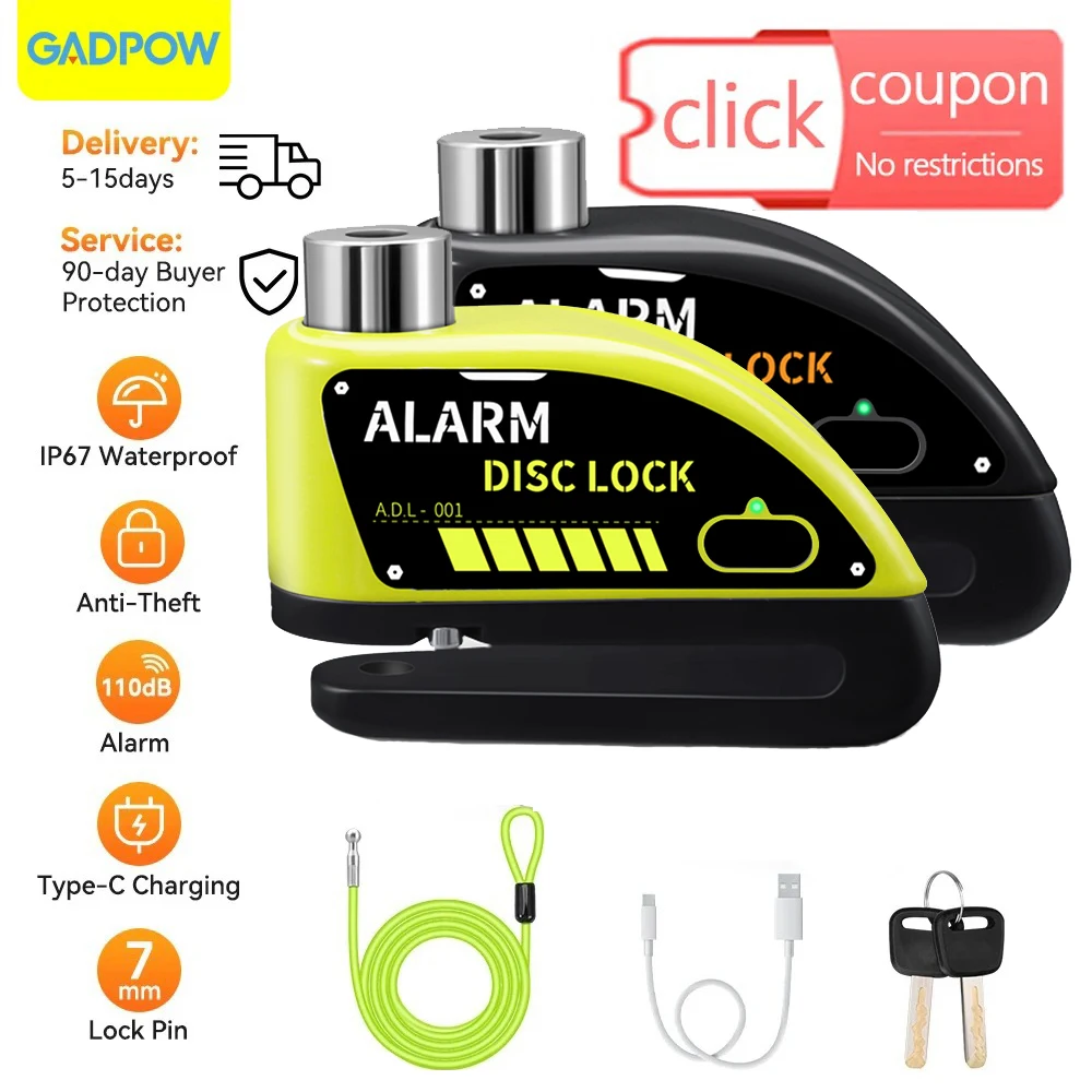 Gadpow Motorcycle Disc Lock Bike Wheel Padlock Motorcycle Alarm Waterproof Scooter Alarm Lock Anti-Theft Padlock Alarm Lock