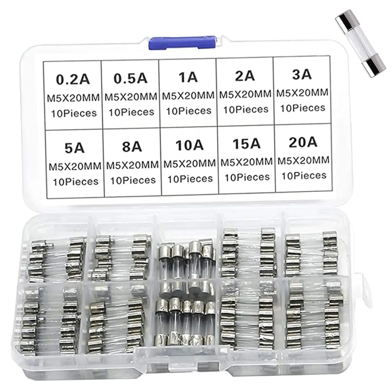 100pcs Fast-Blow Glass Tube Fuse Assorted Kit, 5x20mm 250V 10 Values Fuses 0.5A, 1A, 2A, 3A, 5A, 6A, 8A, 10A, 15A, 20A