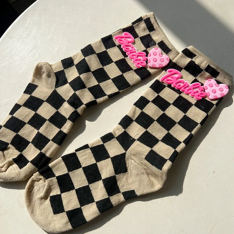 New Kawaii Cute Barbie Socks Cotton Socks Stereoscopic Letter Socks Retro Checkerboard Soft Sports Socks Fashion Gifts for Girls