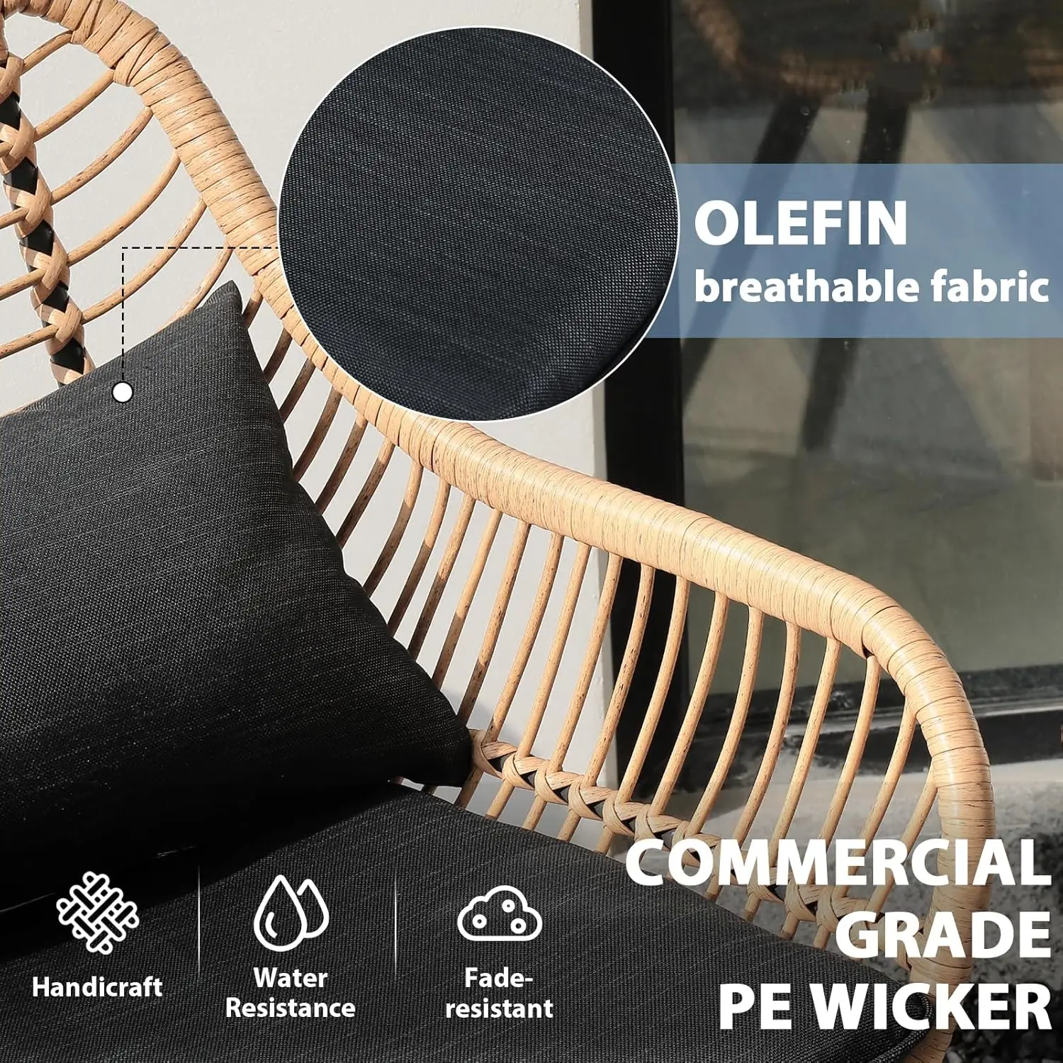 3 Piece Patio Bistro Set, Wicker Outdoor Patio Set with Enhanced Comfort Seating, Round Glass Top Coffee Side Table, Patio Ratta