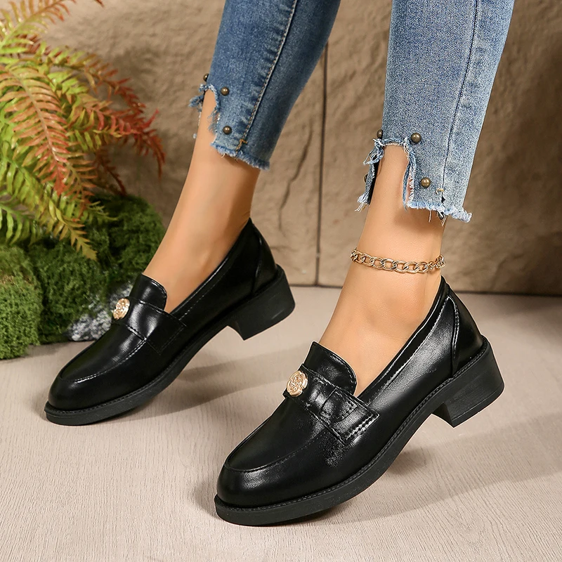 2025 Spring New Women's Kilted Loafer Soft Faux Leather Waterproof Penny Loafer Gold Flower Decor Thick Bottom Black Women Shoes