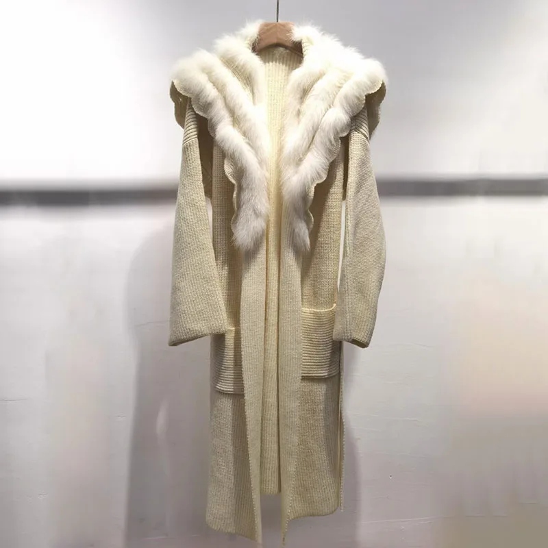 

Long Knitted Plus Size Long Cardigan Coat With Real Fox Fur Collar Women Plus Size Long Sleeve Warm Jacket With Genuine Fur