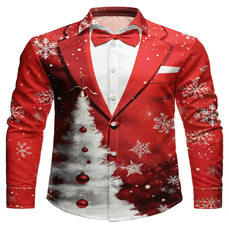 2025 Heren Kerst Sneeuwvlok Formeel Overhemd, 3D Gedrukt Stropdas Ontwerp, Elegante Smoking Stijl, Vakantie Feest Bruiloft Kledij, Lentekleding