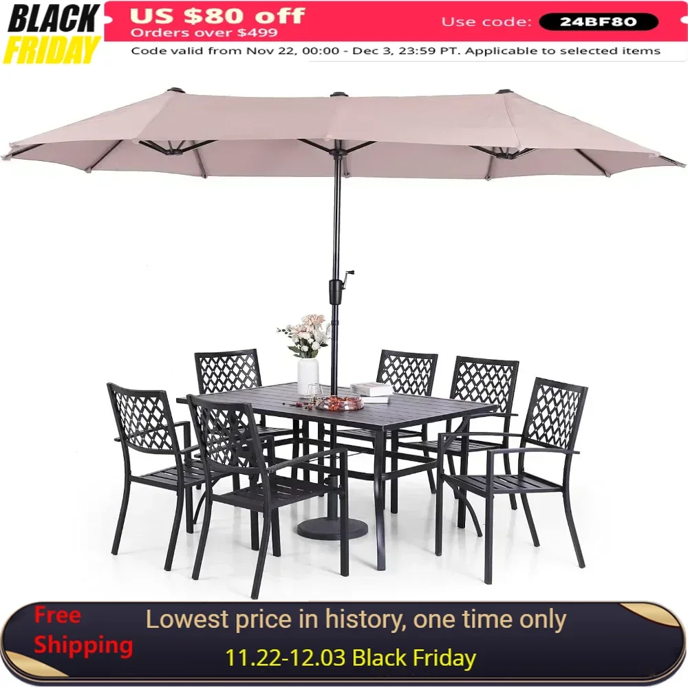 

8 Piece Metal Outdoor Table Furniture Sets, with 6 Stackable Chairs, 1 Rectangle Dining Table,Outdoor Dining Table Sets