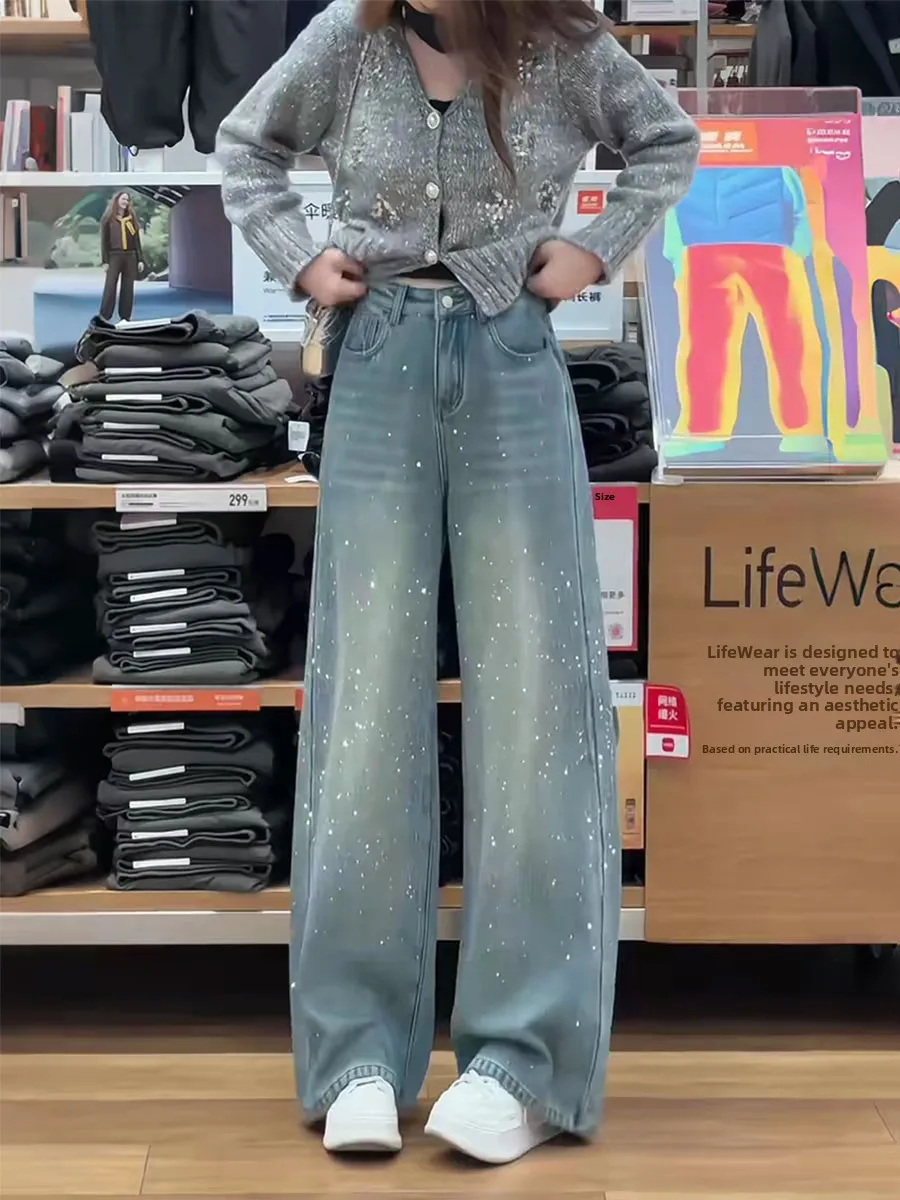 

plus Size High Waist Rhinestone Denim Pants Women's Spring Season Pear Shaped Body Loose Straight Leg Wide Leg Pants