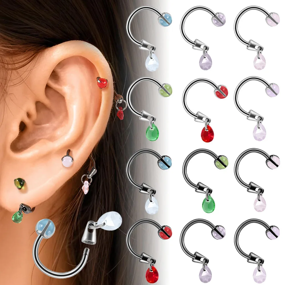 1PC Stainless Steel Water Drop Dangle CZ Horseshoe Barbell Nose Ring Labret Lip Hoop Ear Cartilage Tragus Daith Piercing Jewelry