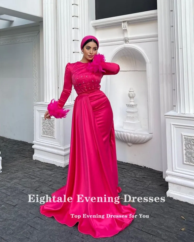 Eightale Arabic Evening Dress for Women O-Neck Beaded Long Sleeves Satin Feather Mermaid Prom Party Gowns robe de soirée femme