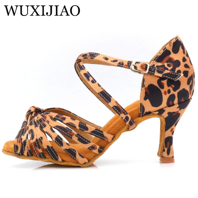 Leopard satin style banquet dance shoes, black party women's Latin dance shoes, black women's Latin dance shoes