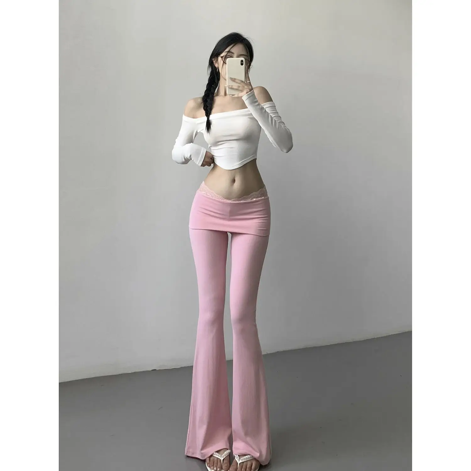 Lace V-waist slim fit stretch yoga micro-flared pants women's drooping casual pants ballet pants autumn women jeans