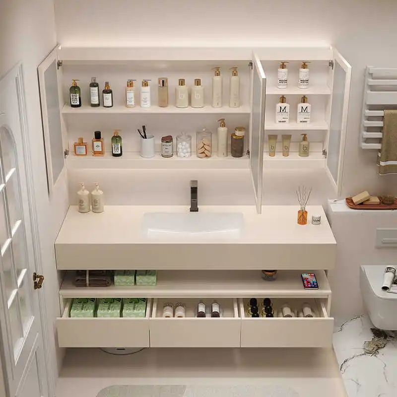 Kabinet kamar mandi modern 2025 dengan wastafel tunggal, kabinet kamar mandi khusus, terpasang di dinding, keramik persegi