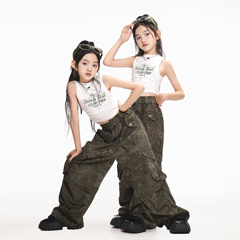 Kids Street Hip Hop Dancing Clothing Crop Tank Tops Cargo Baggy Pants for Girls Jazz Dance Costume Teenage Showing StageClothes