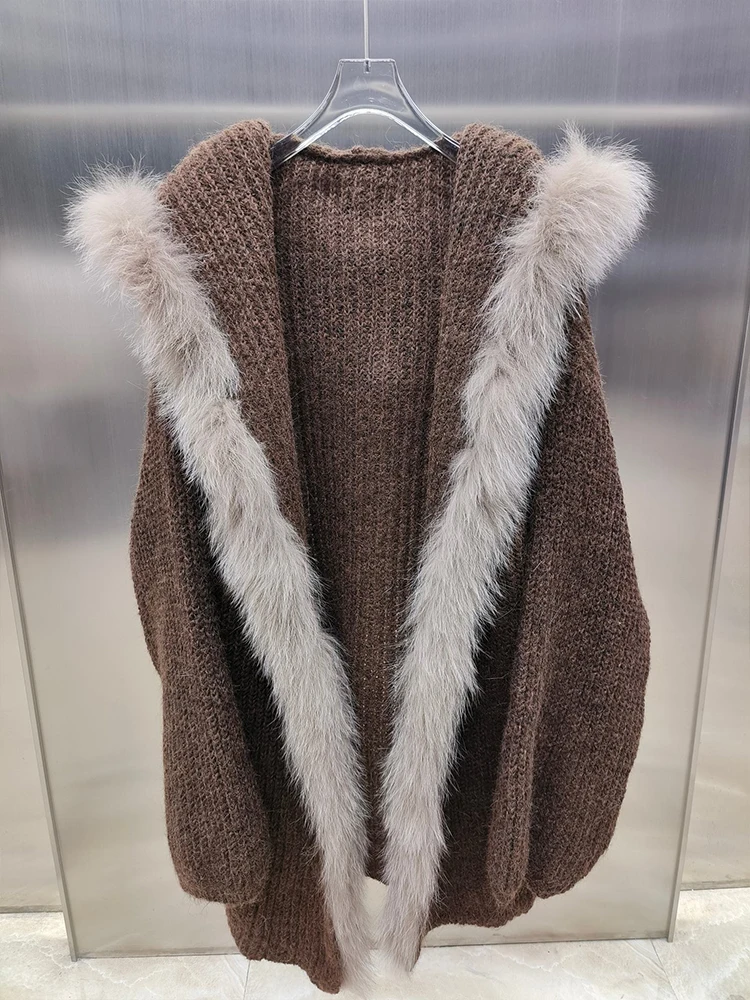 春秋暖かいセーターキツネの毛皮のフード付きカーディガン女性女性無地 Jackrt Femeale 高級コート