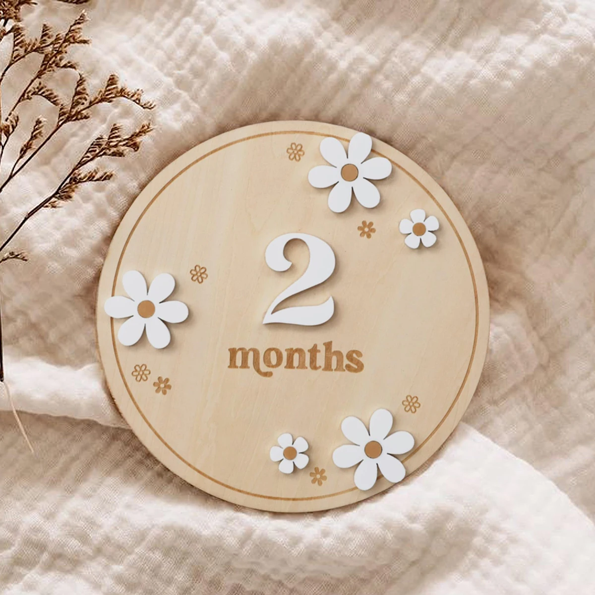 Small white Daisy commemorative plate Baby milestone round newborn birth month plate wooden photo prop