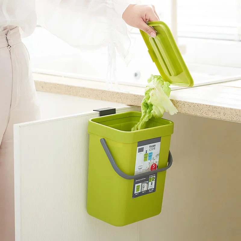 

Wall Mounted Living Room Kitchen Waste Bin Punch-free Folding Cabinet Trash Can Plastic Hanging Car Trash Can Dustbin Home