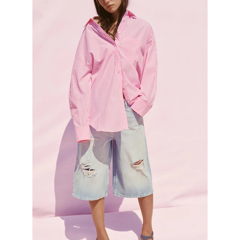 

Spring New Loose Fit Striped Long Sve irt Women's Single Row Multi-Bule Collar Stand-Up Polyester Fiber UV Protection