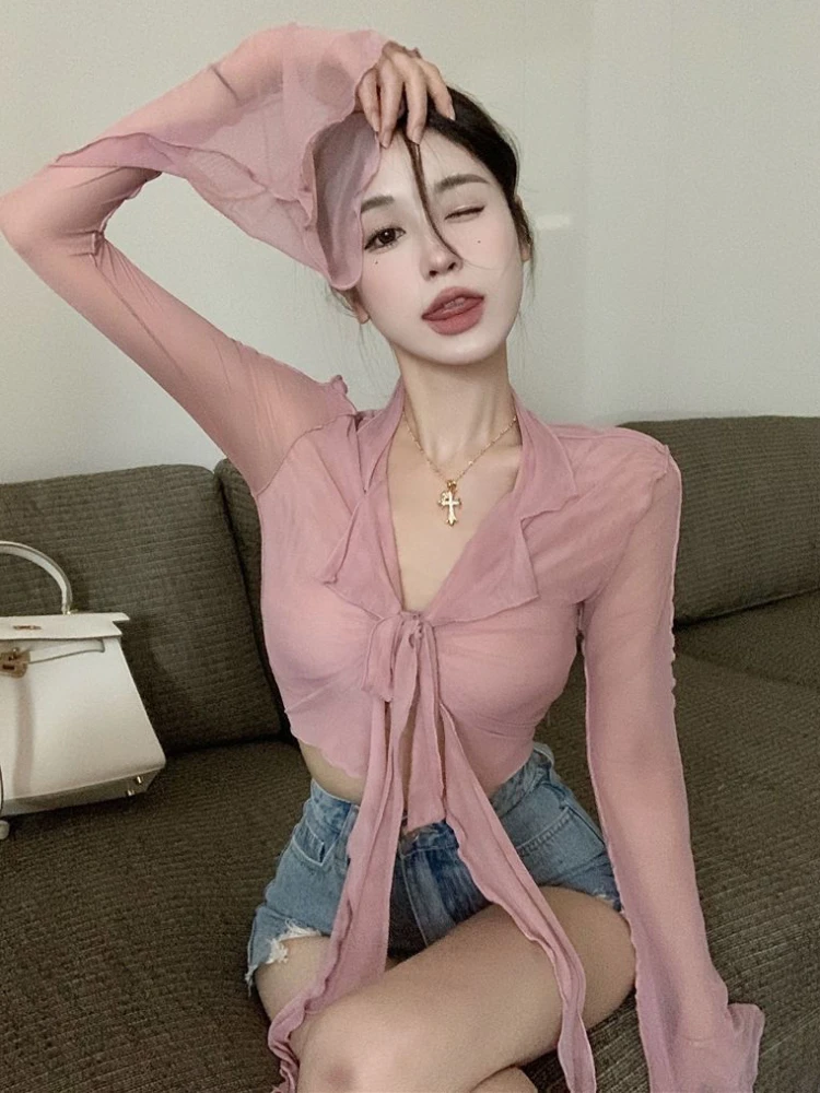 

Hotsweet Flare Sleeve Blouses Women Sheer Sexy Fashion Korean Style Transparent Crops Clubwear Summer Thin Party Solid Clothes