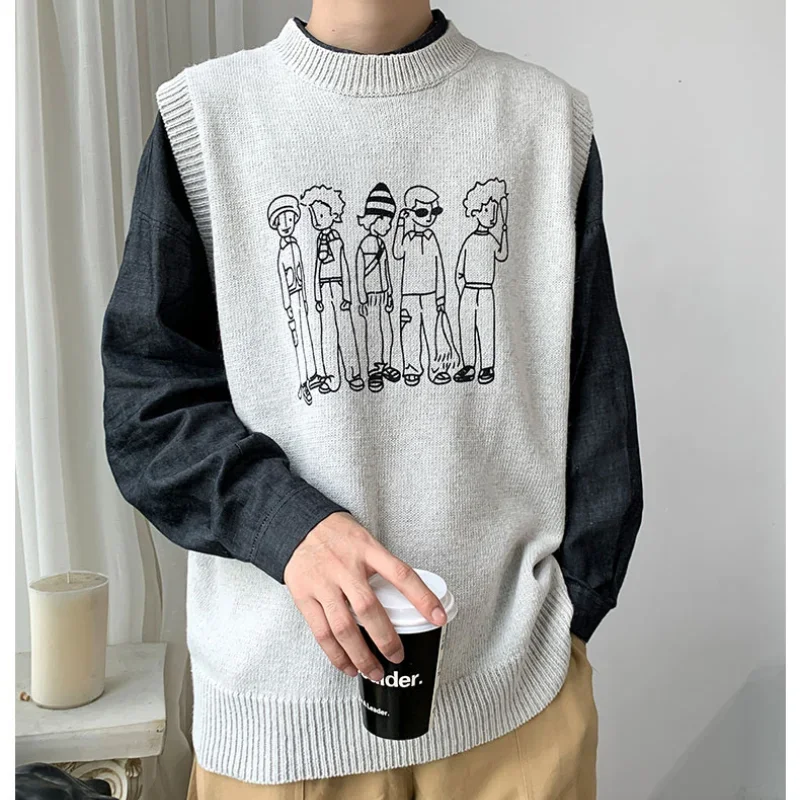 

Men Couples Cartoon Harajuku Sweater Vest 2021 Winter Mens Japanese Streetwear Knitted Sweaters Male Loose Vintage Knitted Vest