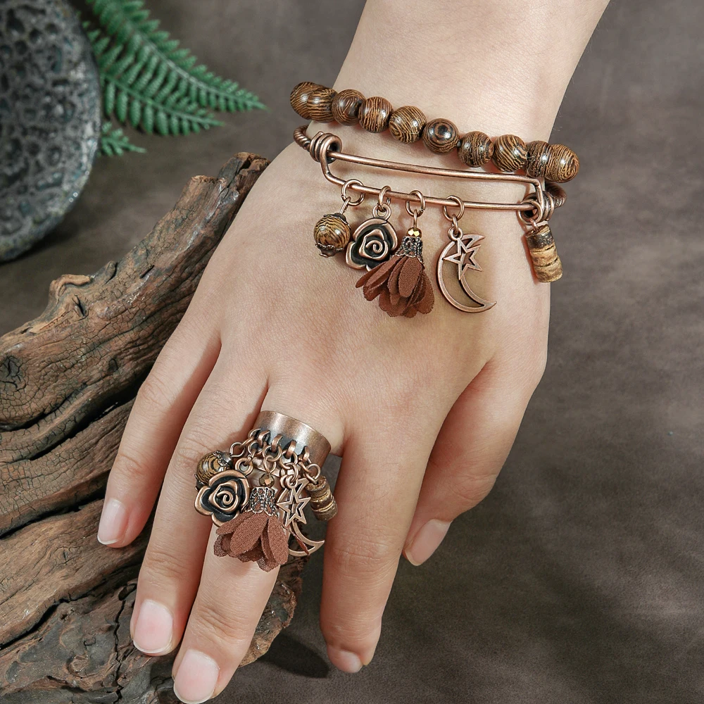 3 Pcs Boho Vintage Jewelry Set Brown Series Beaded Bracelet Open Wide Ring Adiustable Daily Wear Party Decors Versatile Gifts