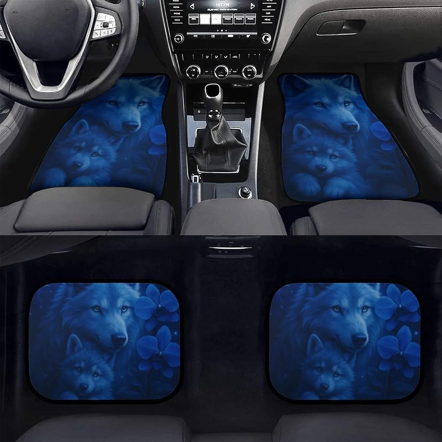 Blue Galaxy Sky Wolf 4pcs Car Floor Mats Front And Rear Rubber Backing Carpet, Auto Foot Mats All Weather Universal Fit Car Deco