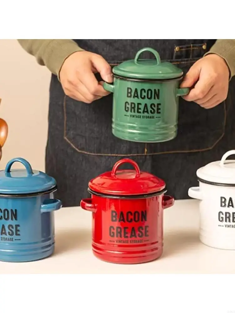 

Multifunction Condiment Container Enamel Double Ears Easy to Clean Bacons Grease Jar for Busy Cooks