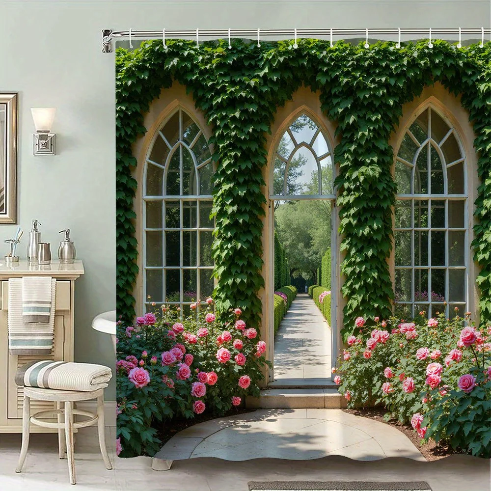 Garden Shower Curtain, Arched Windows Framed by Green Ivy, Reflecting Vibrant Pink Roses, Sunlit Garden Path