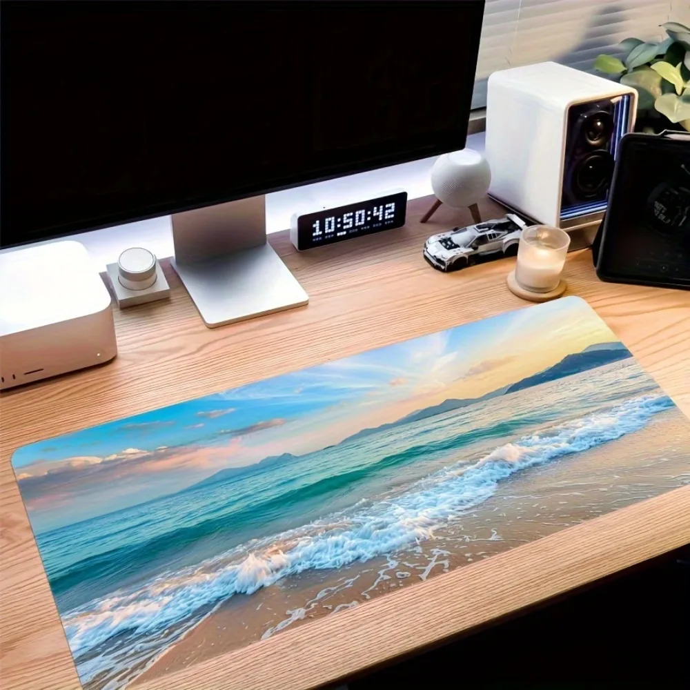 High-definition beach scene mouse pad with vivid ocean and sunset patterns, suitable for work or home office gaming
