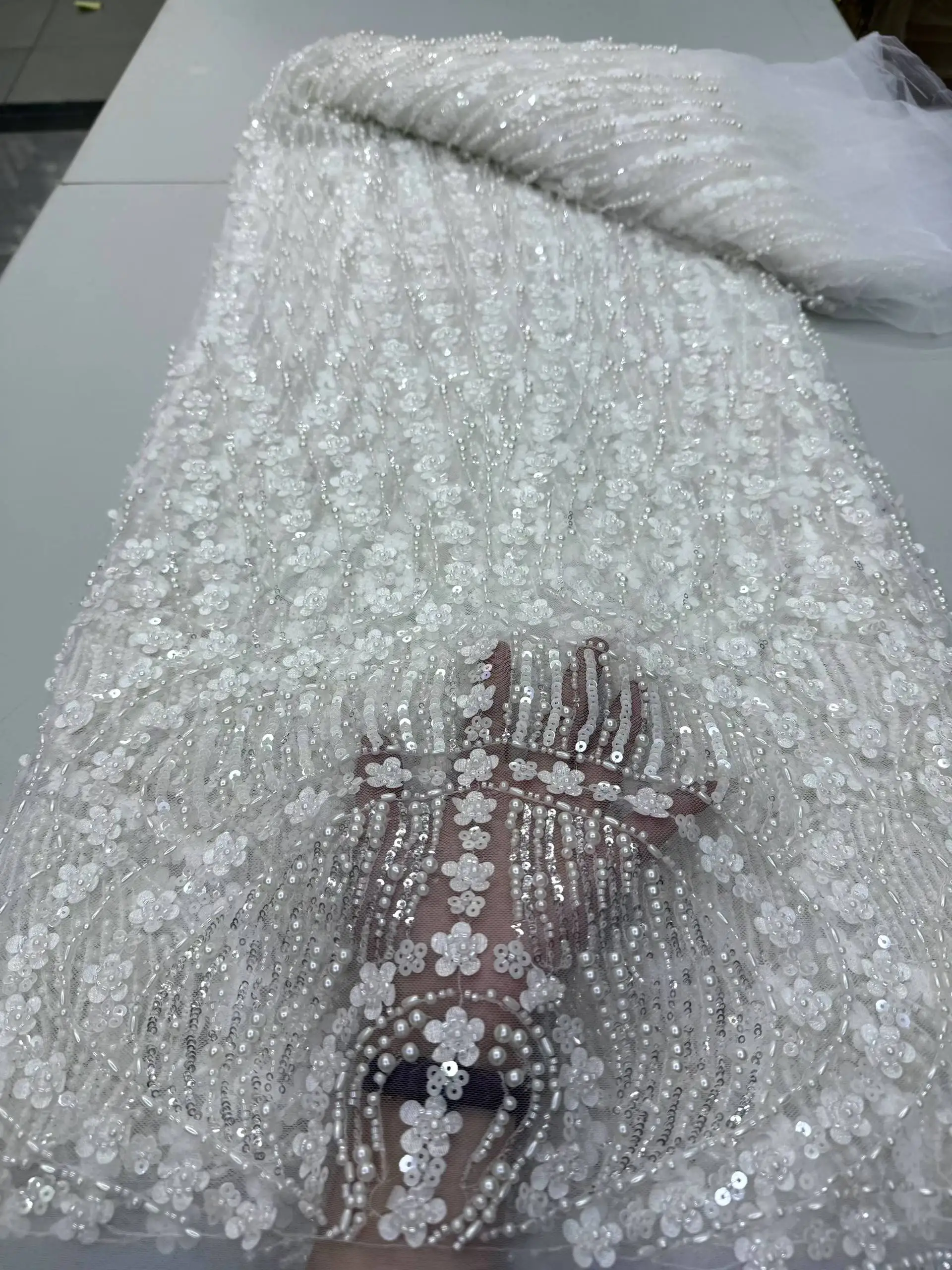 

African Beaded High Quality Nigerian Sequins With Pearl Lace French Tulle Lace Fabric For Party Dress Sewing
