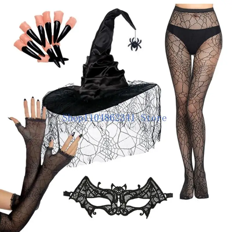 5asd Halloween Witch Accessoires Set Spitze Schleier Handschuhe Armärmel atmungsaktiv
