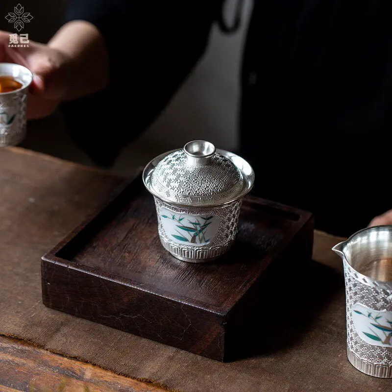Handmade Window Panel Silver Gaiwan, Vintage Hand Painted Ceramic Tea Brewer for Loose Leaf Tea and Daily Tea Rituals