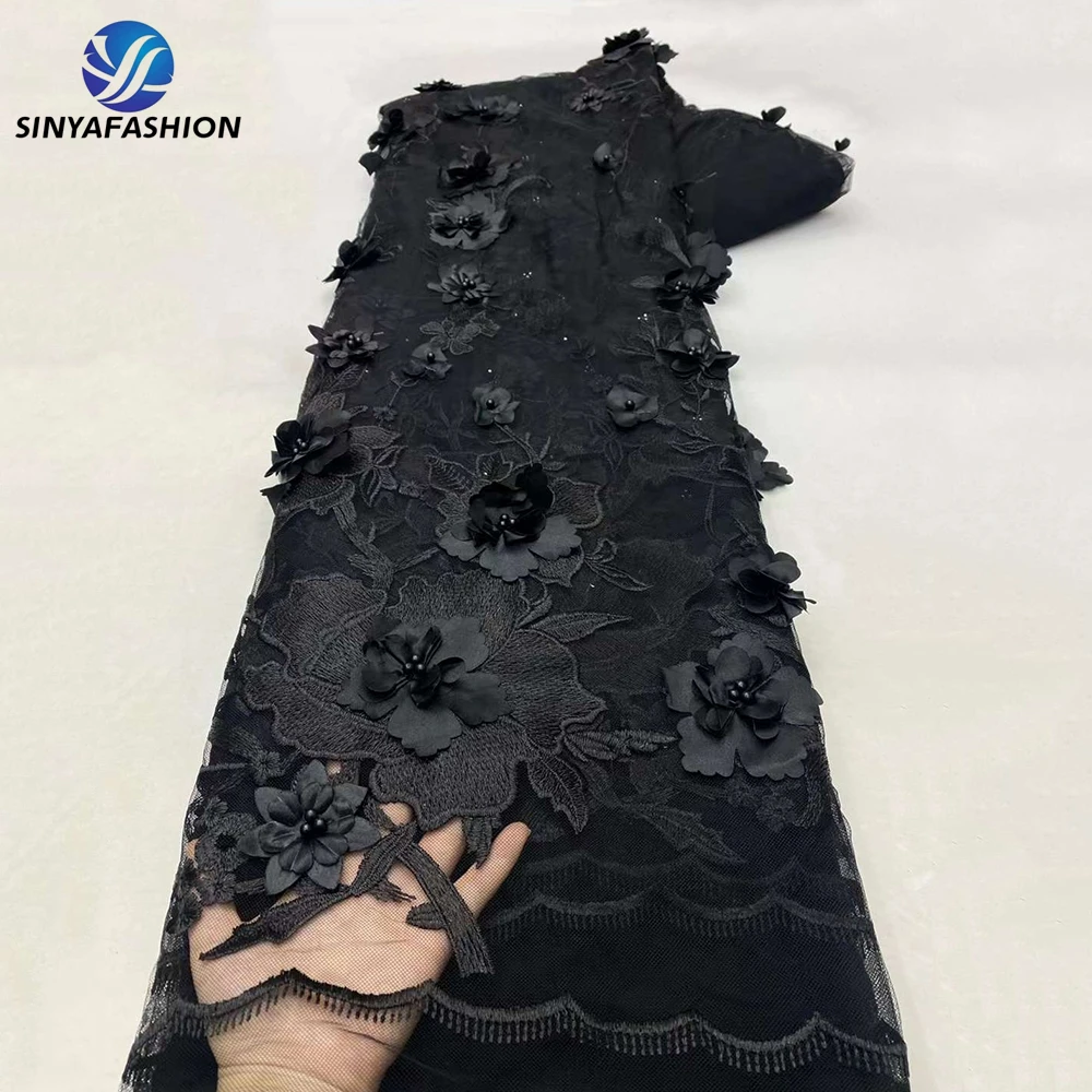 Sinya Black 3D Beads Lace Fabric 2024 High Quality Mesh Embroidery Applique 3D Flower Tulle Nigerian Lace Fabrics For Wedding