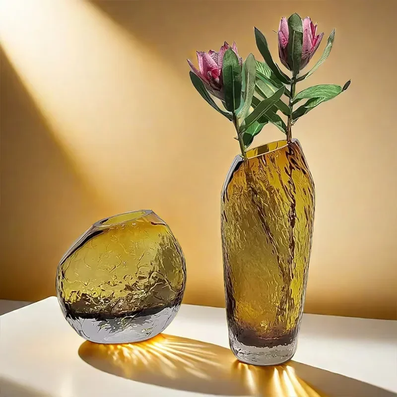 for Simple Modern Gray Gold Glass Vase Diamond Cutting Surface Heavy Texture Handmade Flower Ware Living Room Porch Ornament