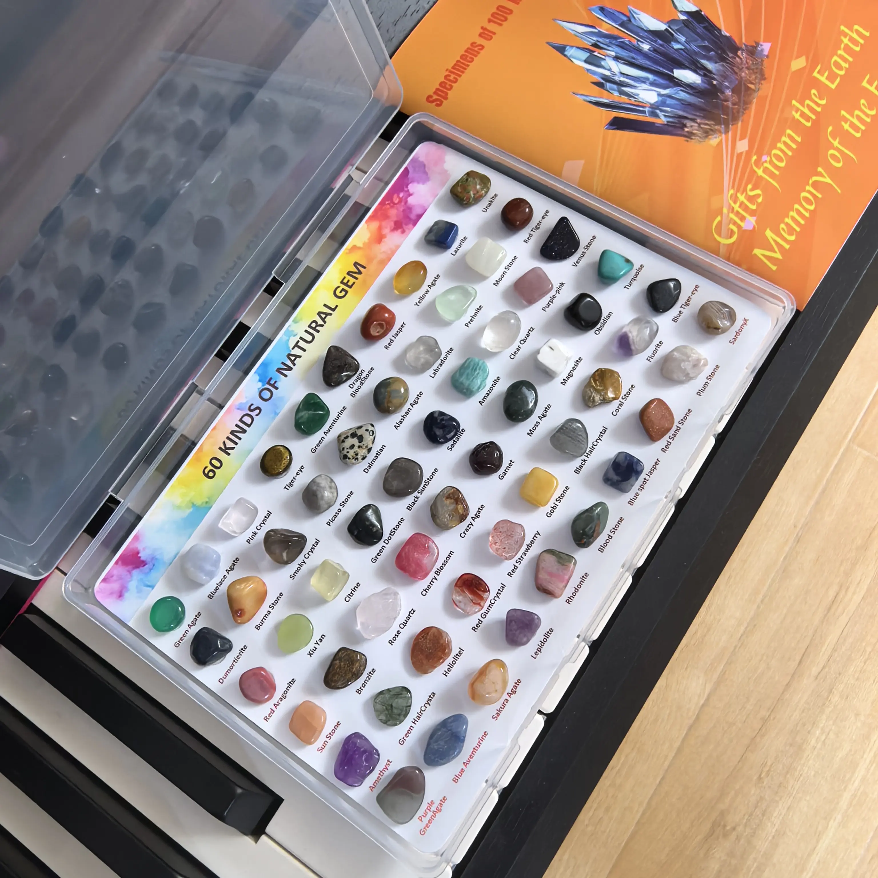 60 Stück natürliche Mineralien + 100 Arten, Handbuch, Amethyst, Obsidian, Rosenquarz, Tigerauge, Heimdekorationsornament, kreatives Geschenk für Feiertage – Detail 2