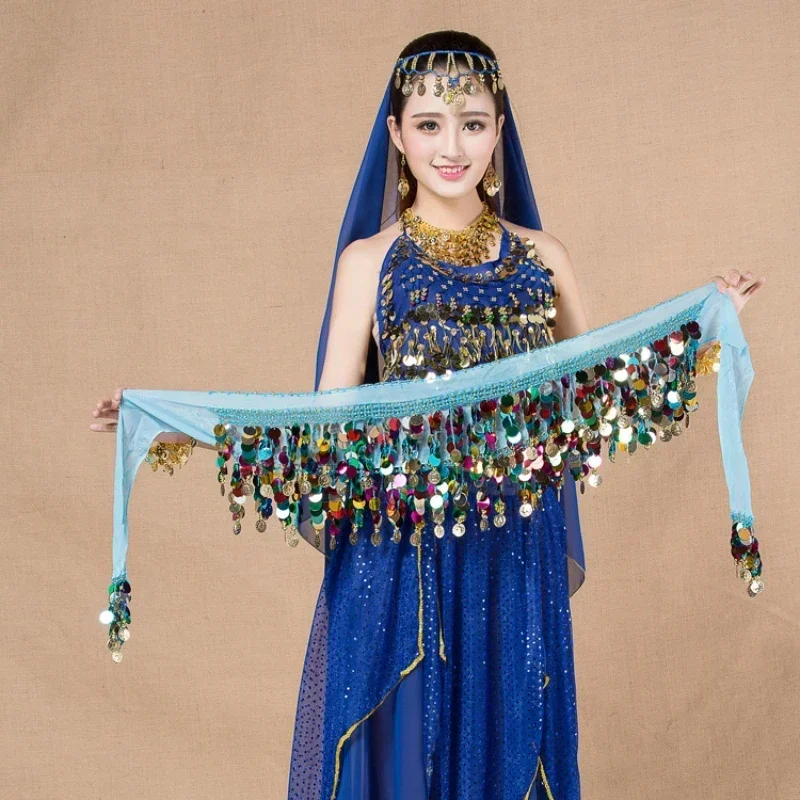 Belly Dance Clothes Indian Oriental Dance Belt Waist Chain Hip Scarf Women Sexy Dance Colorful Sequin Chiffon Skirt Gold Coins