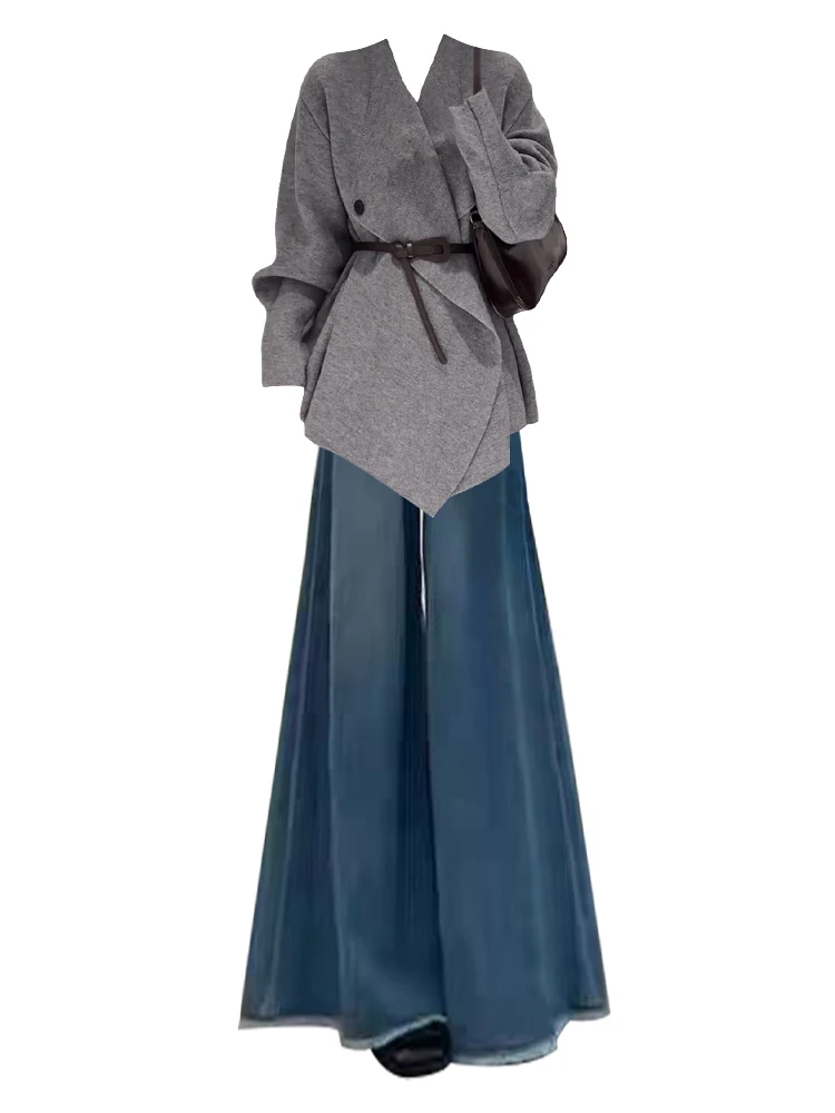 Maglione invernale Faion da donna Pantaloni in denim a vita alta Set da due pezzi V-Ne increspato in vita Abito lungo Sve Color