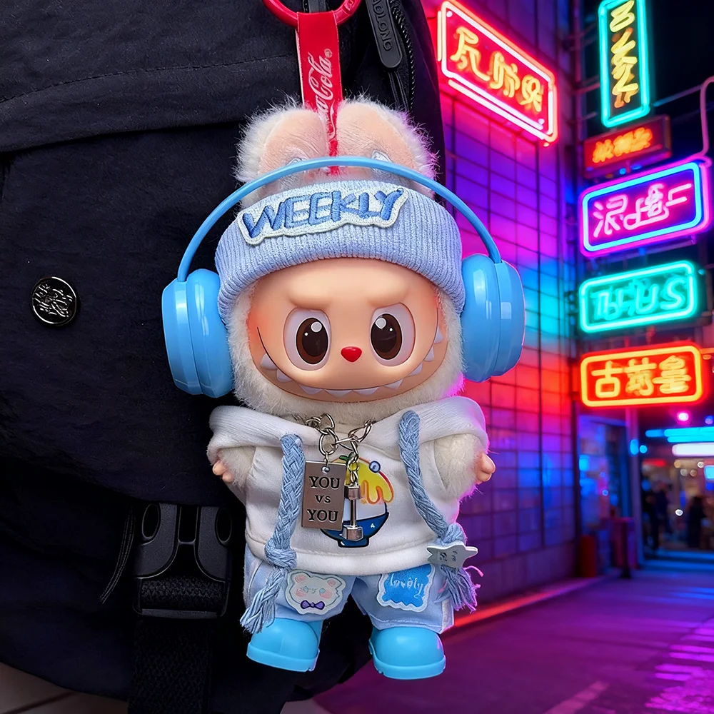 

Clothes for 15/17cm Labubu V1V2V3 Doll Clothes Plush Dolls Earphone Dress Up Paired with Blue Knitted Headband Hoodie Set