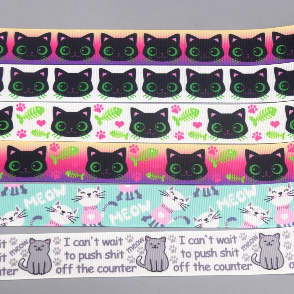 DHK 7/8'' 5yards Cat Meow Counter Printed Grosgrain Ribbon Accessories Material Headwear Decoration DIY Sewing Craft C2608