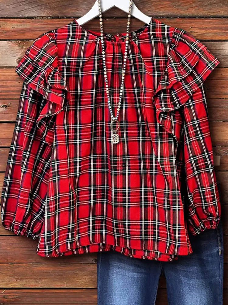 Classic Plaid Ruffle Sleeve Top Woman Blouses