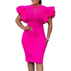 Summer Fashion Red Rhinestone Women's Mini Party Dress Slim Fit Elegant Nail Bead Sexy High Neck Ruffled Birthday Evening Dress
