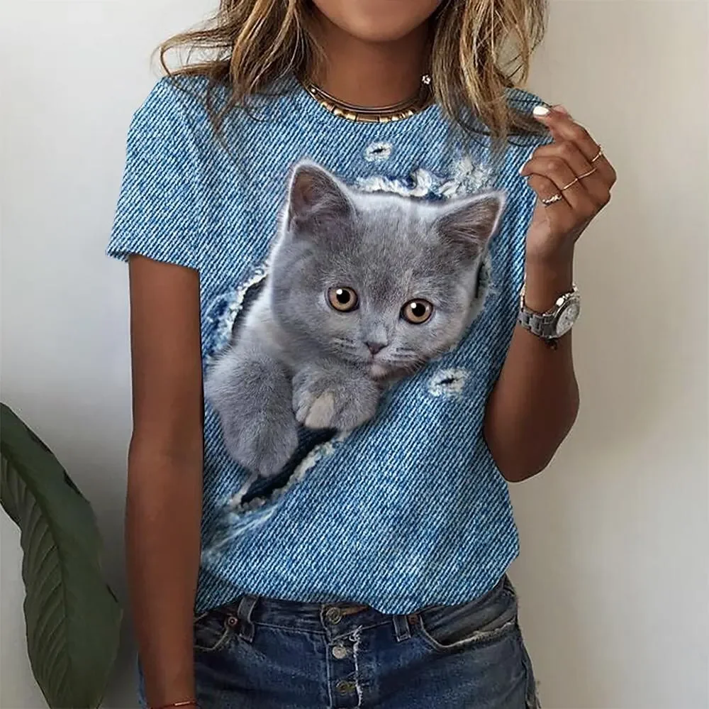 Fashion 3D Kawaii Cat Print T Shirt For Women Street Trend Summer Short Sleeve Tees Casual O-neck Loose Tops Female Y2k Clothing