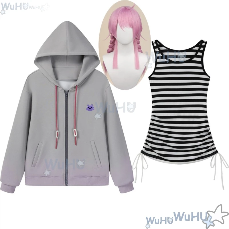 WuHU@ Sengoku Yuno BanG MewType Anime Dream! Cosplay Daily Suit Gray Hoodie Top Tight Dress Pink Wig Woman Halloween