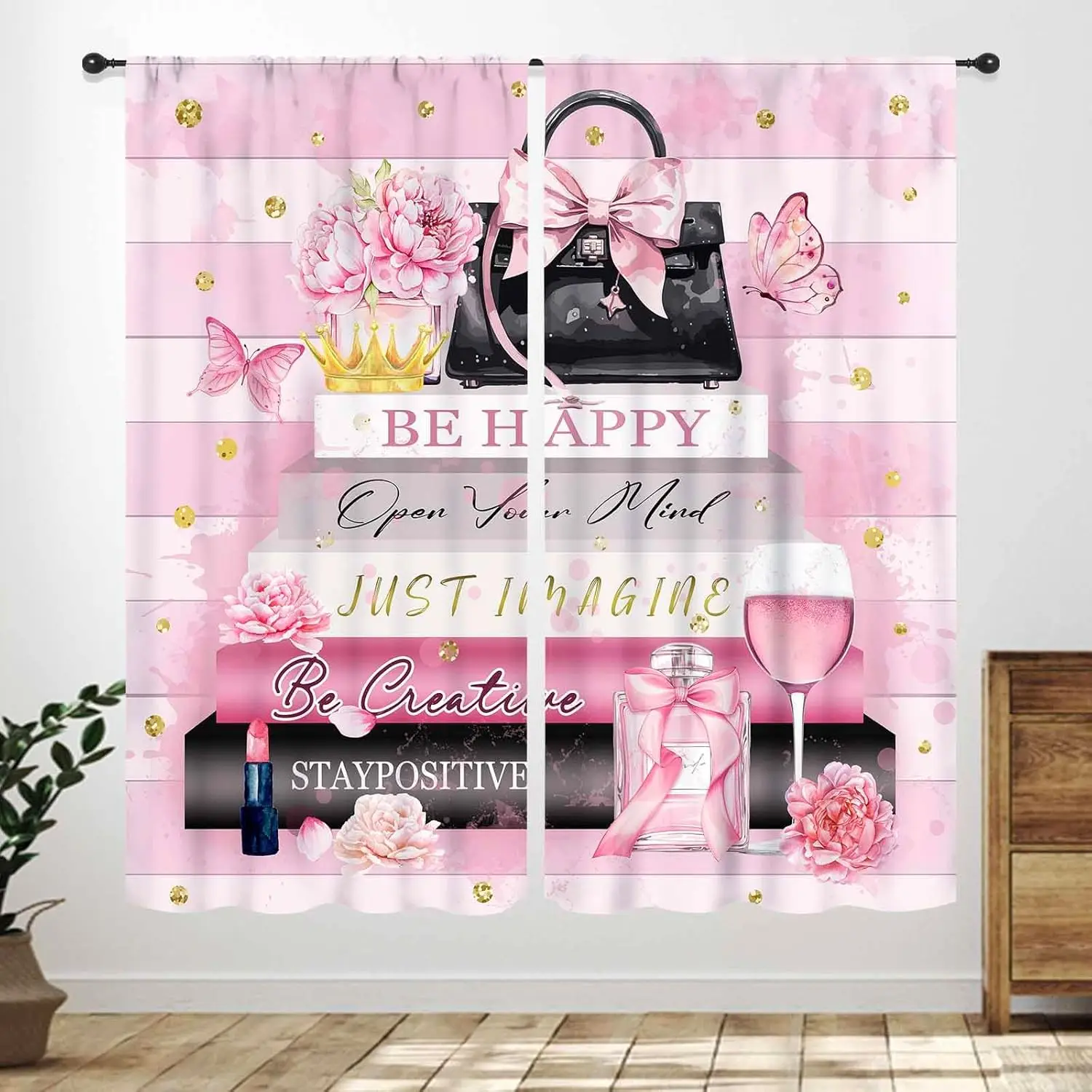 Fashion Curtains for Girls Bedroom,Modern Woman Girl Black and Pink Magazine Stripe Flower Rose Floral Cosmetics Romantic Window
