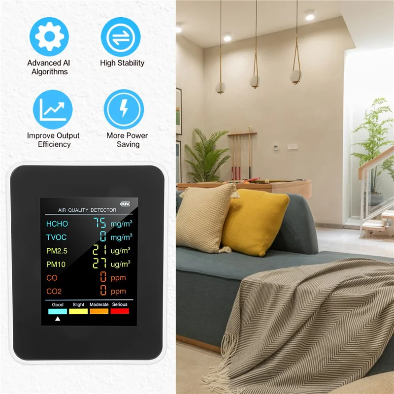 B50B-6 In 1 PM2.5 PM10 HCHO TVOC CO CO2 Air Quality Detector CO CO2 Formaldehyde Monitor Home Office Air Quality Tester