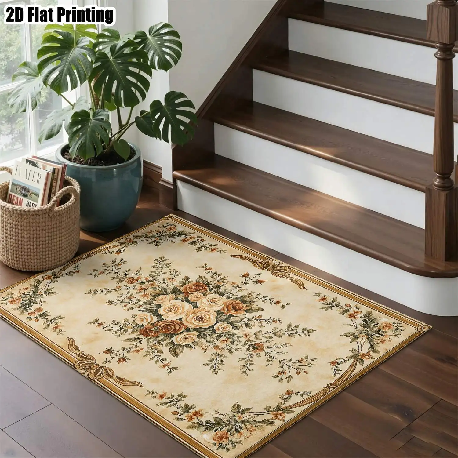 1Pc 2D Printed Beige Floral Pattern Carpet: European-Style, Vintage, Geometric, Bohemian, Home Decor, Multi-Size, Machine Washable, for Entrance, Dining, Foyer, Bedroom, Living Room