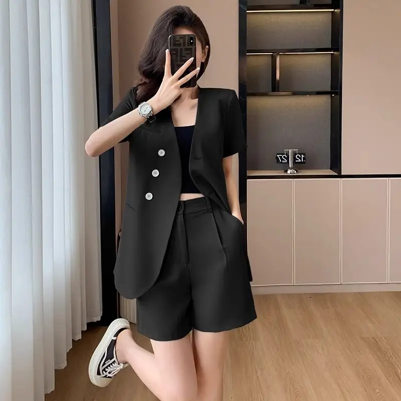 Women\'s 2024 Summer New Fashion Casual Short-sleeve Suit Jacket Shorts Two Piece Korean Elegant Loose Blazers Pants Macthing Set