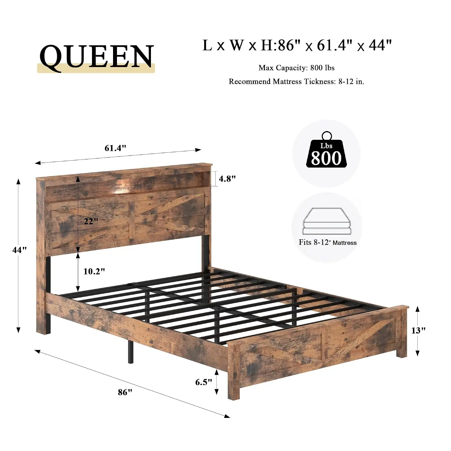 Queen Size Farmhouse Wooden Bed Frame with Storage Headboard, Customized