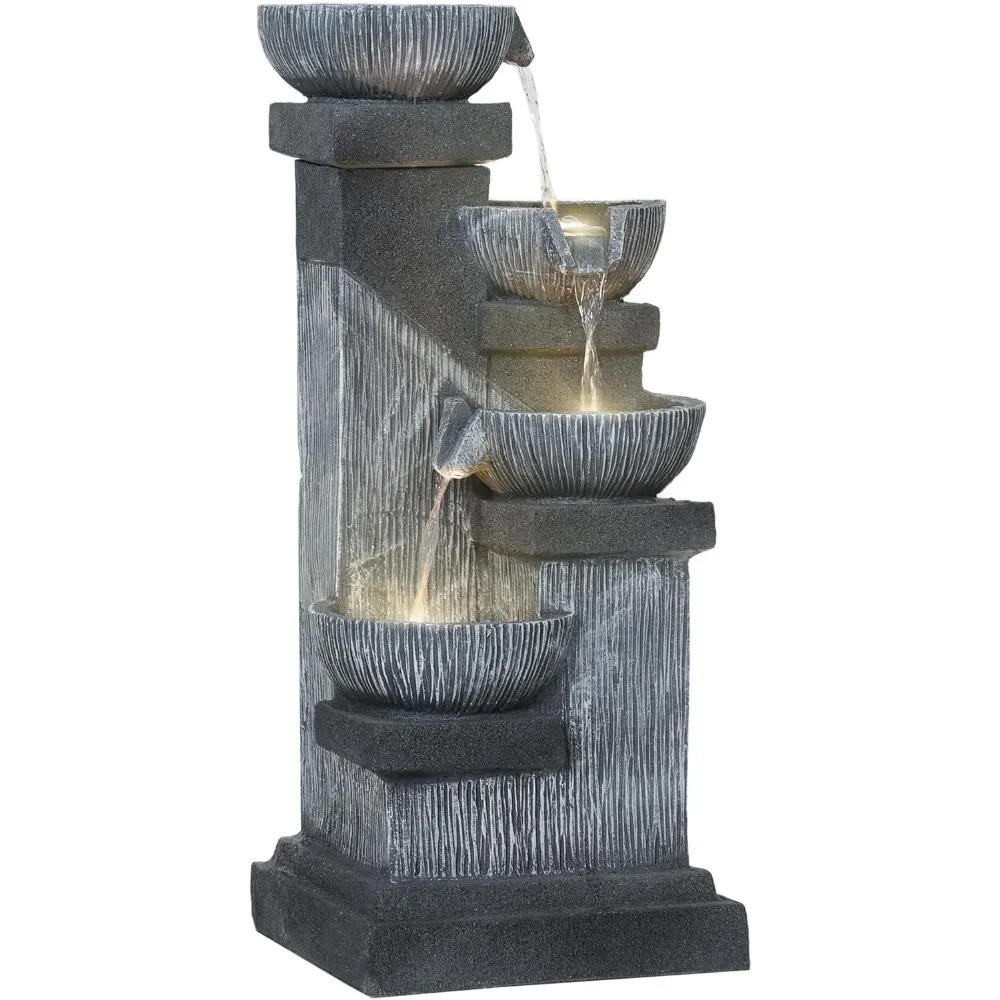 

Tall Outdoor Water Fountain,4-Tier Floor Standing Resin Cascading Bowls Waterfall Fountain with LED Lights,Pump for Garden,Patio