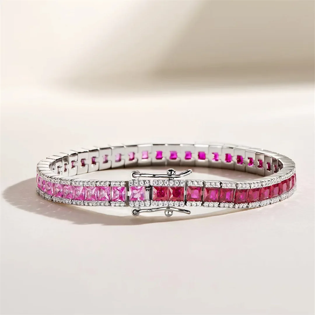 Gradual Change Color Ruby Bracelet S925 Silver Muse Simulation Red Corundum Row Diamond Bracelet Whole Row Diamond Jewelry