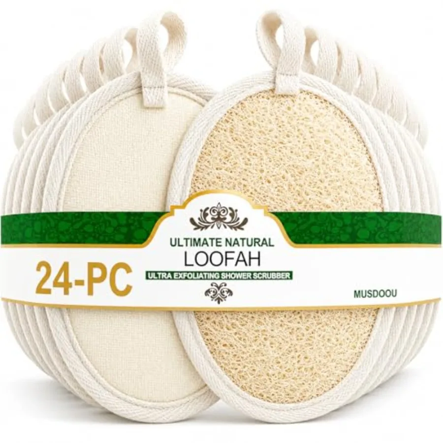 Natural Loofah Exfoliating Body Scrubber Pads, 24 Pack Dual Sided Shower Bath Loofah Sponge, Gentle Exfoliating Body Scrub for