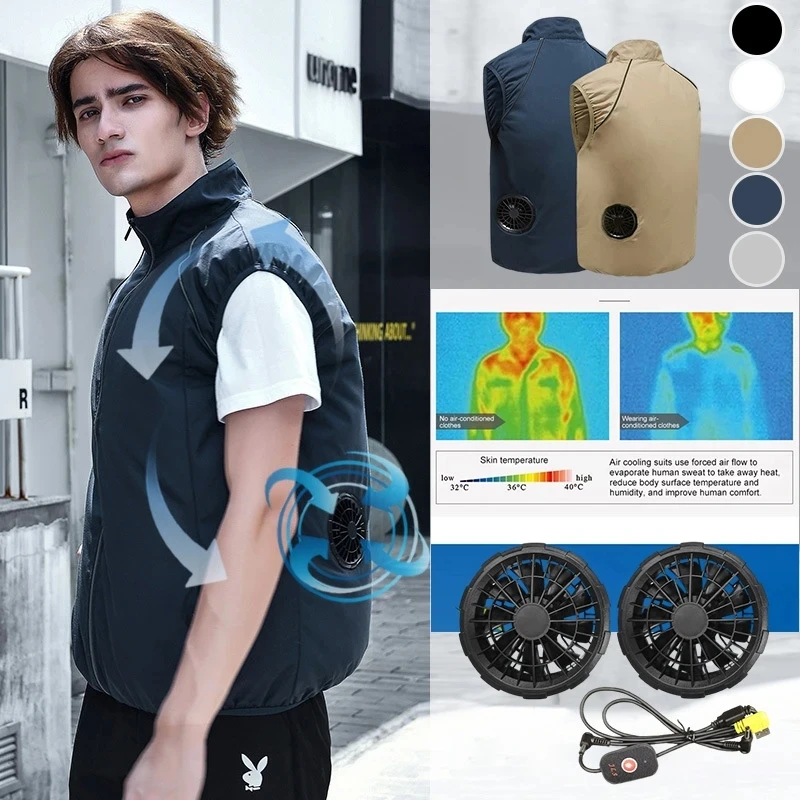 Men Summer Air Conditioning Clothing Fan Cooling Vest 2024 New USB Charging Cooling Sport Man Outdoor Solid Color Coat Plus Size