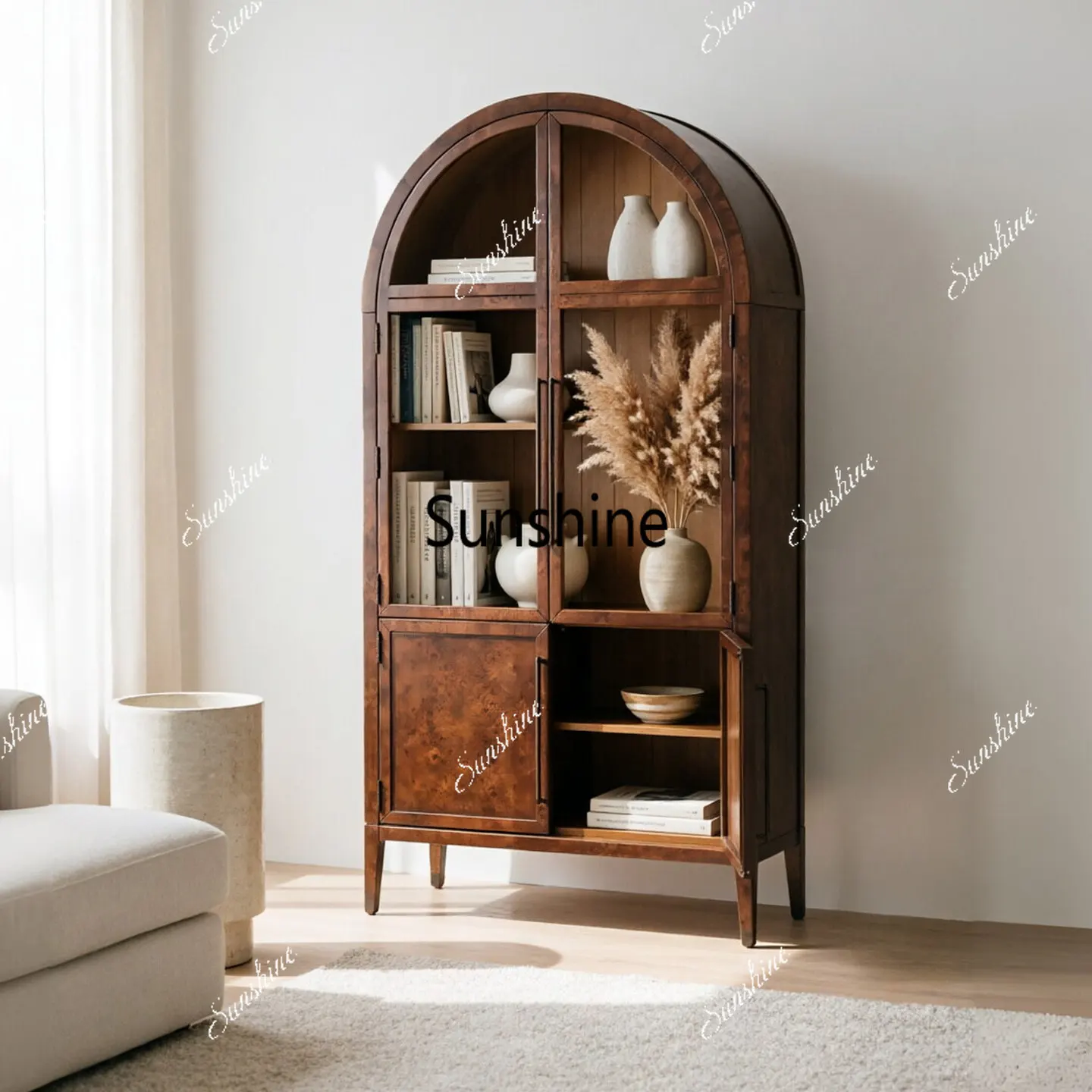 

Antique arched glass display cabinet in French retro solid wood bookcase